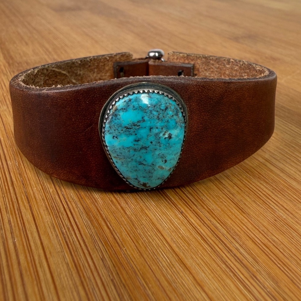 Southwestern Leather Cuff Bracelet Turquoise Sterling Silver 925 Toggle Brown 8"